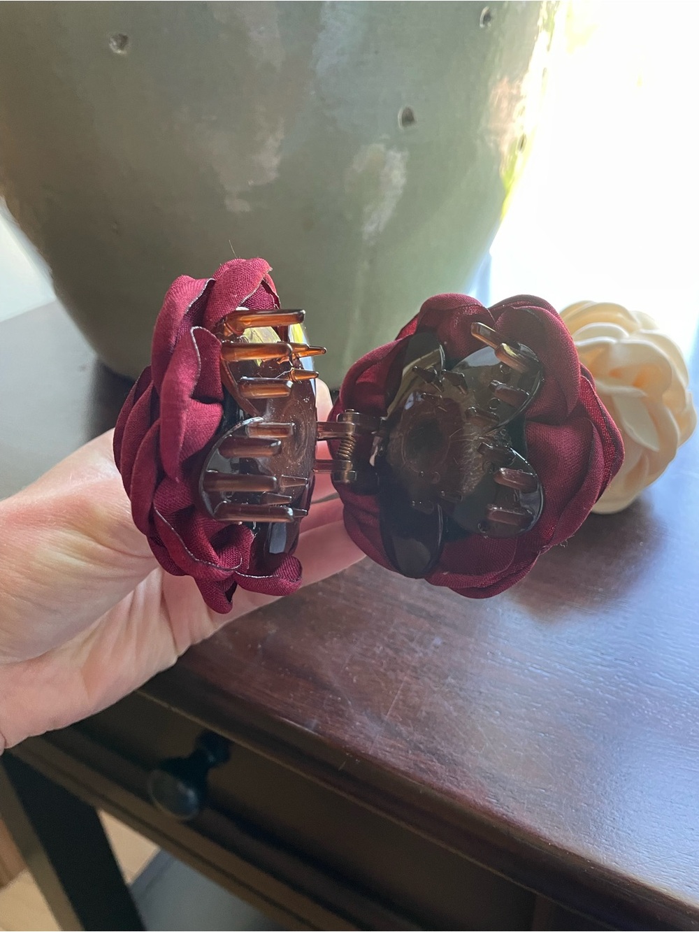 FreePeople Belle Rosette Fabric Hair Clips in Wine Red and Cream - Picture 4 of 5